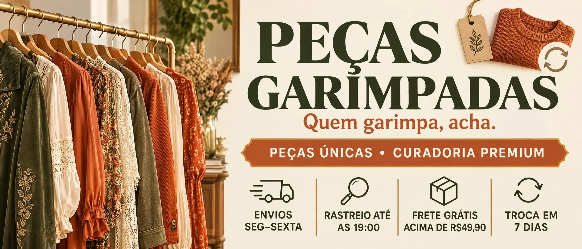 Peças garimpadas — arara de roupas de brechó com envios de segunda a sexta, rastreio até às 19h, frete grátis acima de R$49,90 e troca em 7 dias